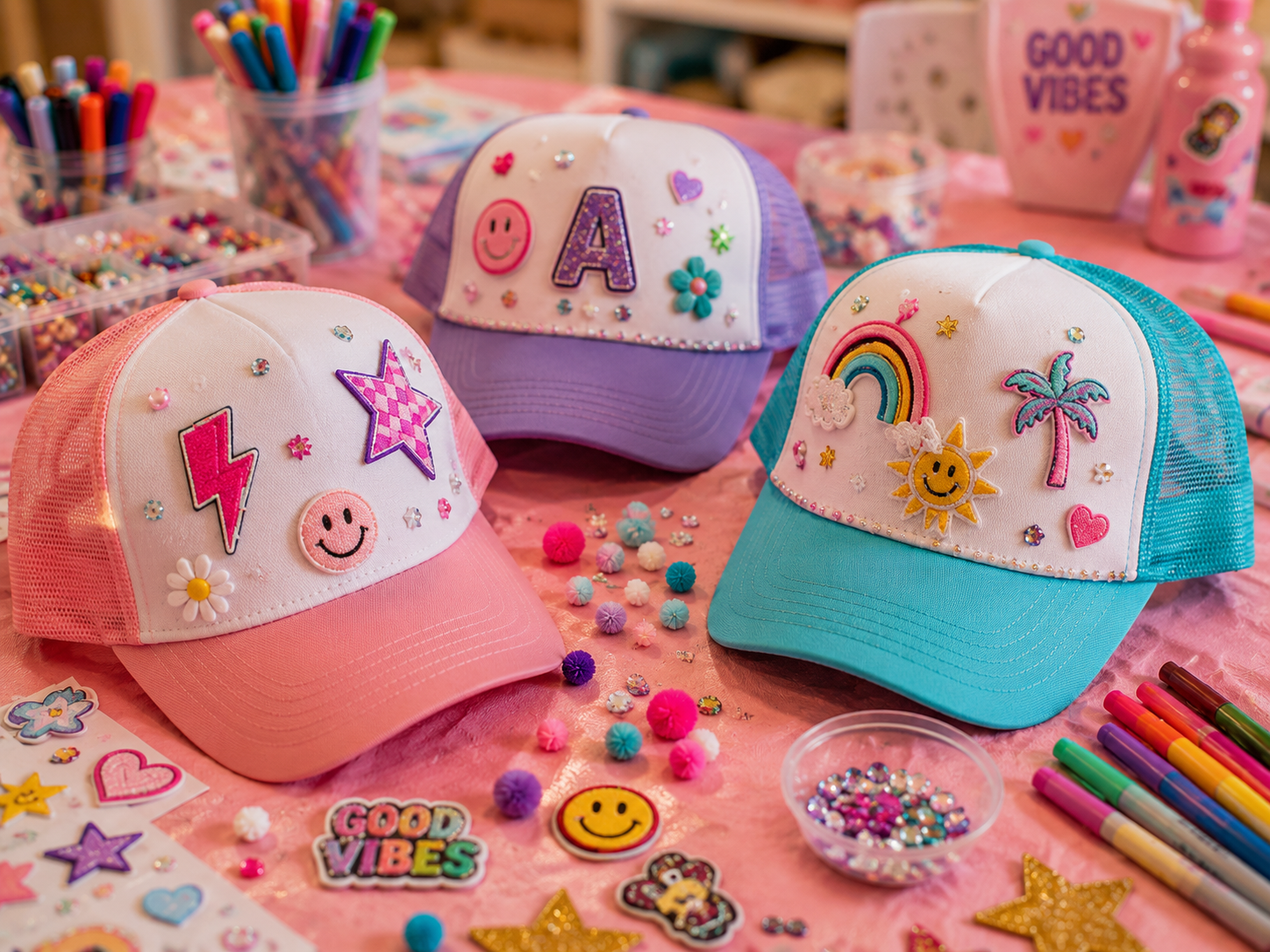 Custom trucker hats featuring colorful patches and fun embellishments displayed after a children's creative activity.
