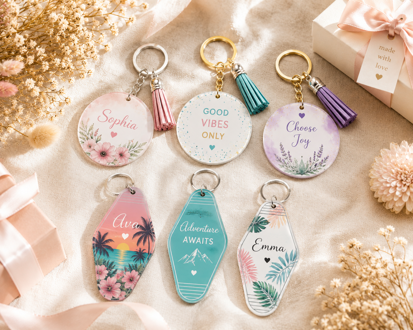 Six personalized acrylic keychains in hotel and round shapes with colorful custom designs and tassels, styled with gift boxes, dried flowers, and soft linen in bright natural light.
