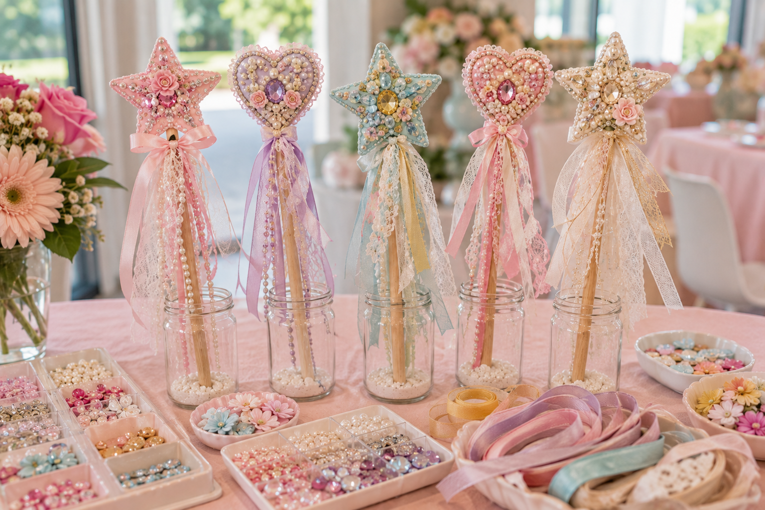 Handmade magical wands decorated with colorful gems, pearls, flowers and ribbons alongside creative supplies at a BELIVRA Magical Wand Creation experience.