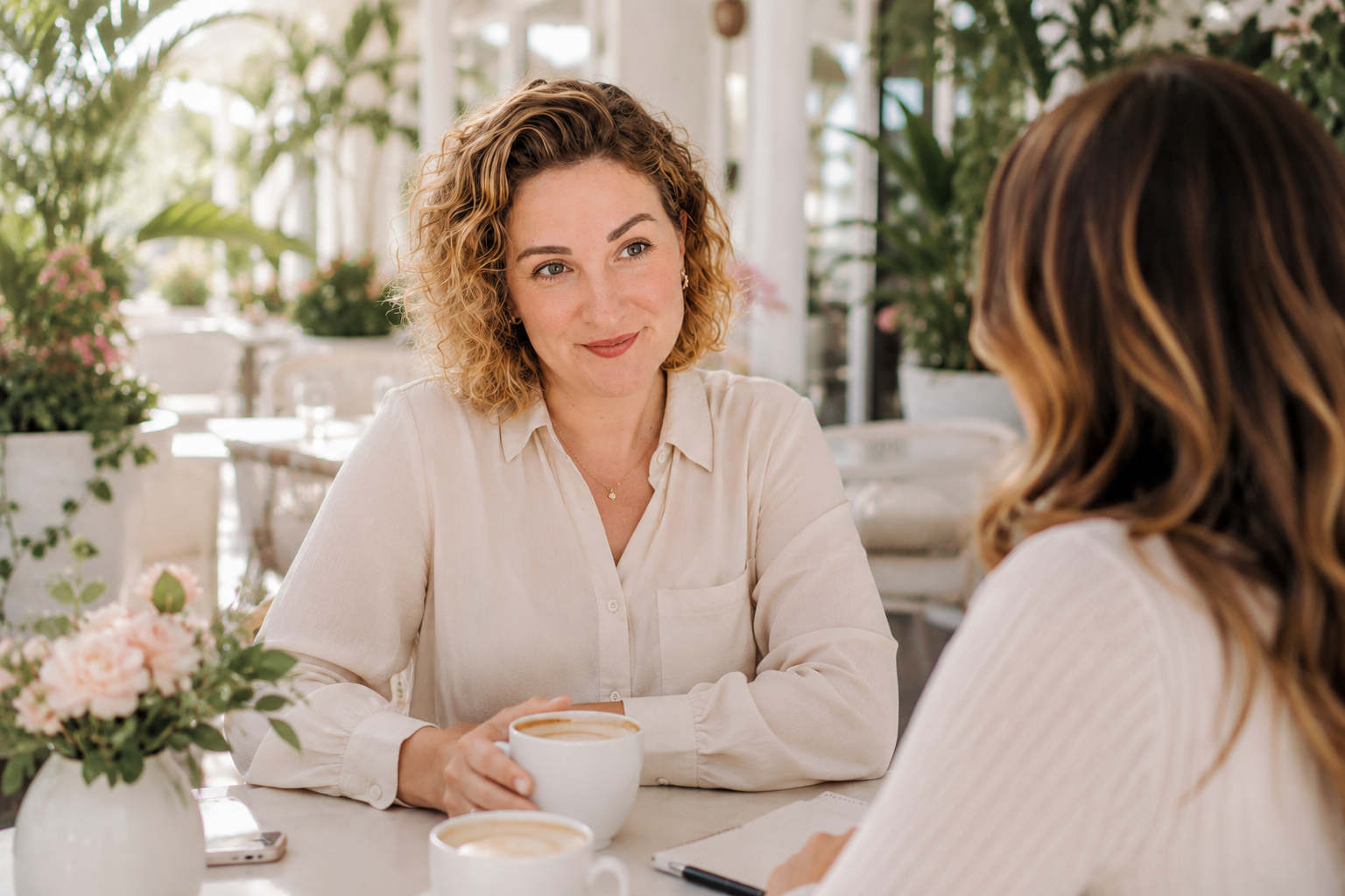 Two women sitting at a table having a conversation in a bright, plant-filled cafe, with coffee cups and a notebook on the table.