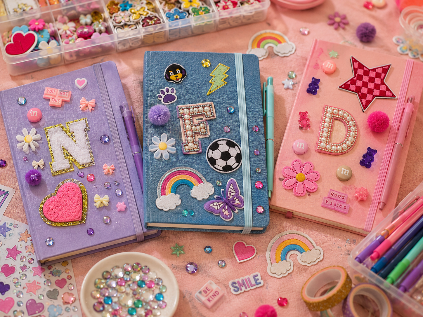 Close-up of personalized journals decorated with colorful patches, stickers, gems, and embellishments during a BELIVRA creative workshop.