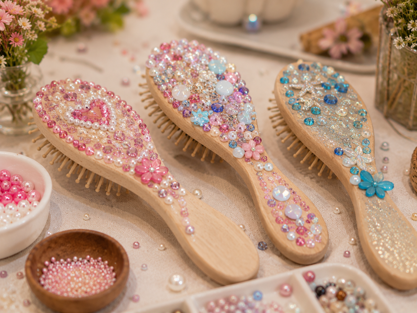 Close-up of handmade wooden hair brushes decorated with colorful beads, pearls, glitter, and embellishments during a BELIVRA creative workshop.