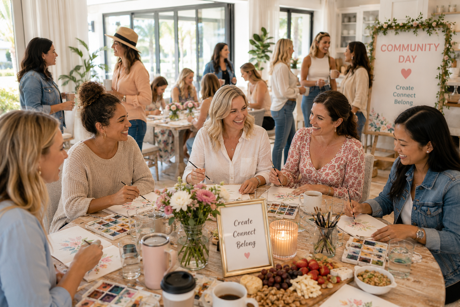 Women in their 30s, 40s, and 50s enjoying coffee, watercolor painting, and meaningful conversations during a BELIVRA Ladies' Creative Morning in a bright Florida clubhouse.