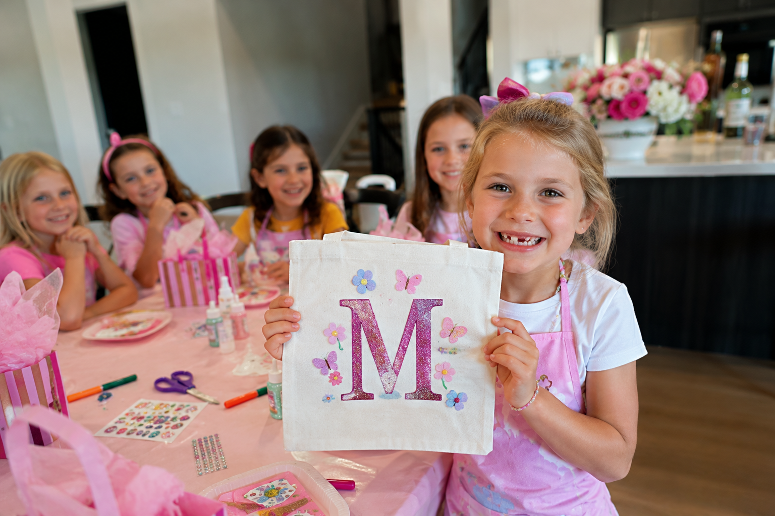 Girl showing her personalized tote bag during a BELIVRA private creative celebration with friends.