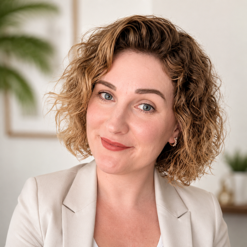 A woman with curly, shoulder-length blonde hair, wearing a beige blazer and earrings, smiling in an indoor setting with plants and artwork in the background.