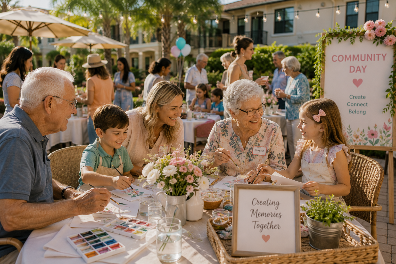 Grandparents, grandchildren, families, and neighbors enjoying creative activities and meaningful conversations together during a BELIVRA Community Day at an independent senior living community.