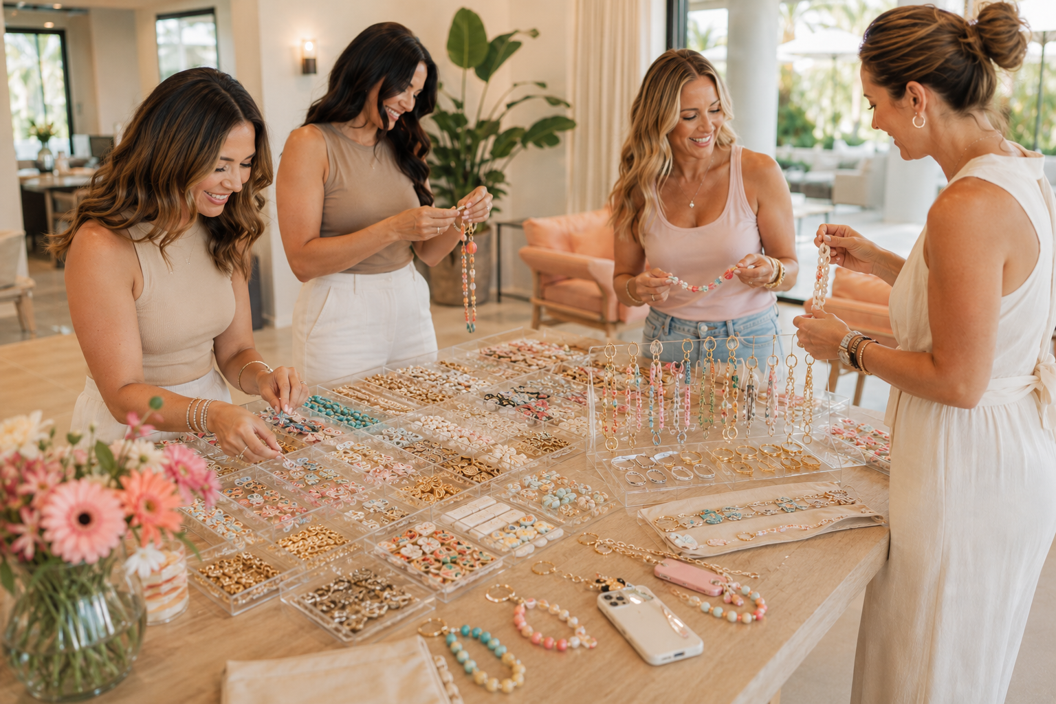 Women creating personalized keychains, bag chains, phone charms, and wristlets at a BELIVRA mobile Charm Bar featuring colorful charms, beads, chains, and accessories.
