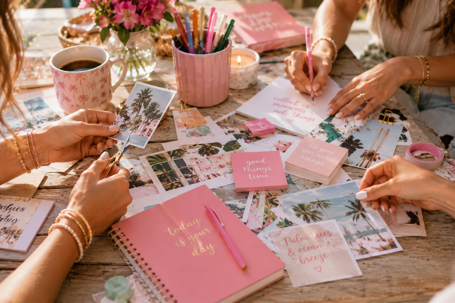 Women decorating with photos, stickers, and notes on a wooden table, with a pink planner, a cup of coffee, flowers, and candles, creating a scrapbook or journal.