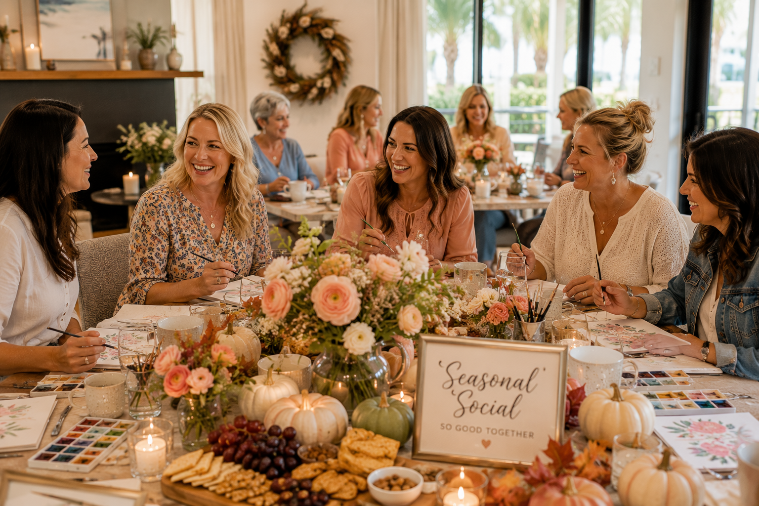 Women of different ages enjoying conversation, coffee, and creativity around beautifully styled seasonal décor during a BELIVRA Seasonal Social.
