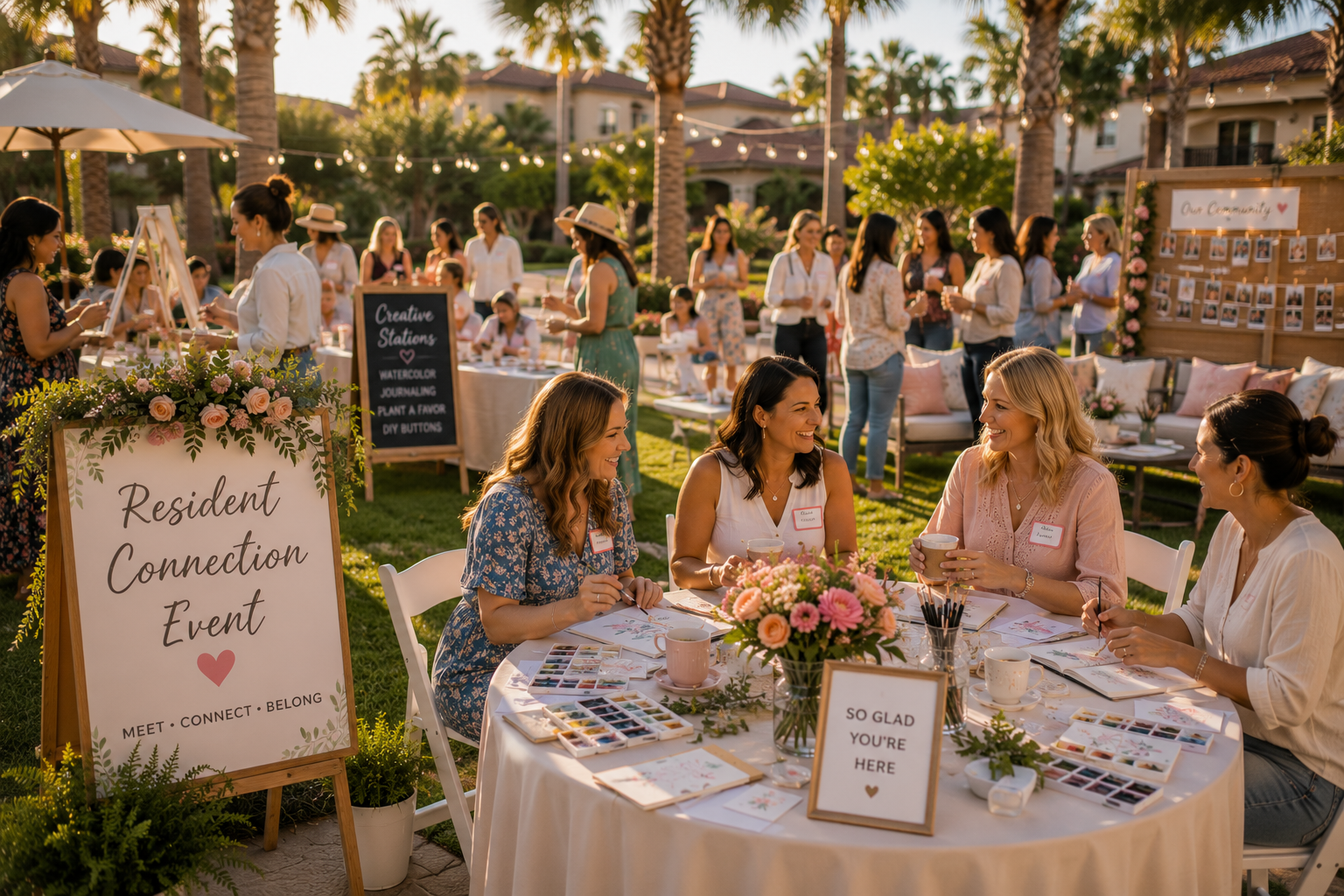 Residents gathering outdoors for a BELIVRA Resident Connection Event, enjoying creative stations, coffee, and meaningful conversations in a sunny Florida community
