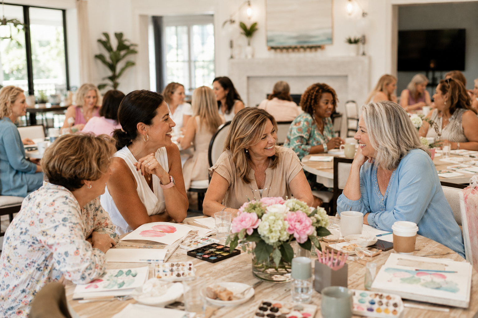 Women sitting around a table in a bright and airy room, engaging in conversation during a social gathering or workshop, with art supplies and floral centerpiece on the table.