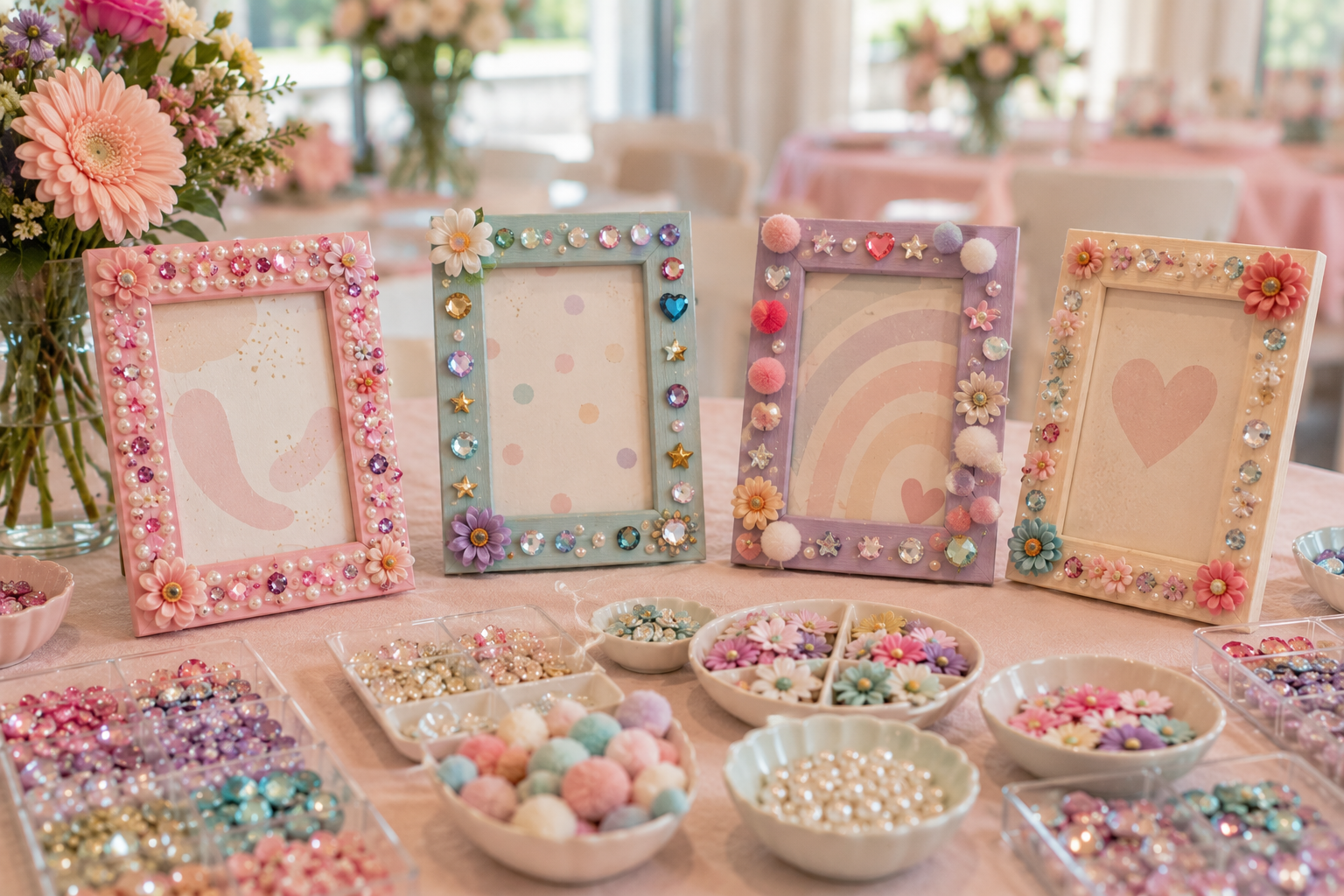 Handmade picture frames decorated with colorful gems, pearls, flowers and pom-poms alongside creative supplies at a BELIVRA Picture Frame Creation experience.