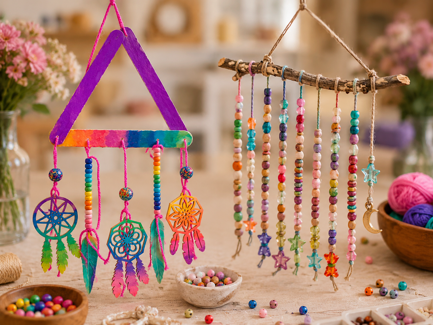 Close-up of two handmade dream catcher creations featuring colorful beads, wooden elements, yarn, and feathers during a BELIVRA creative workshop.