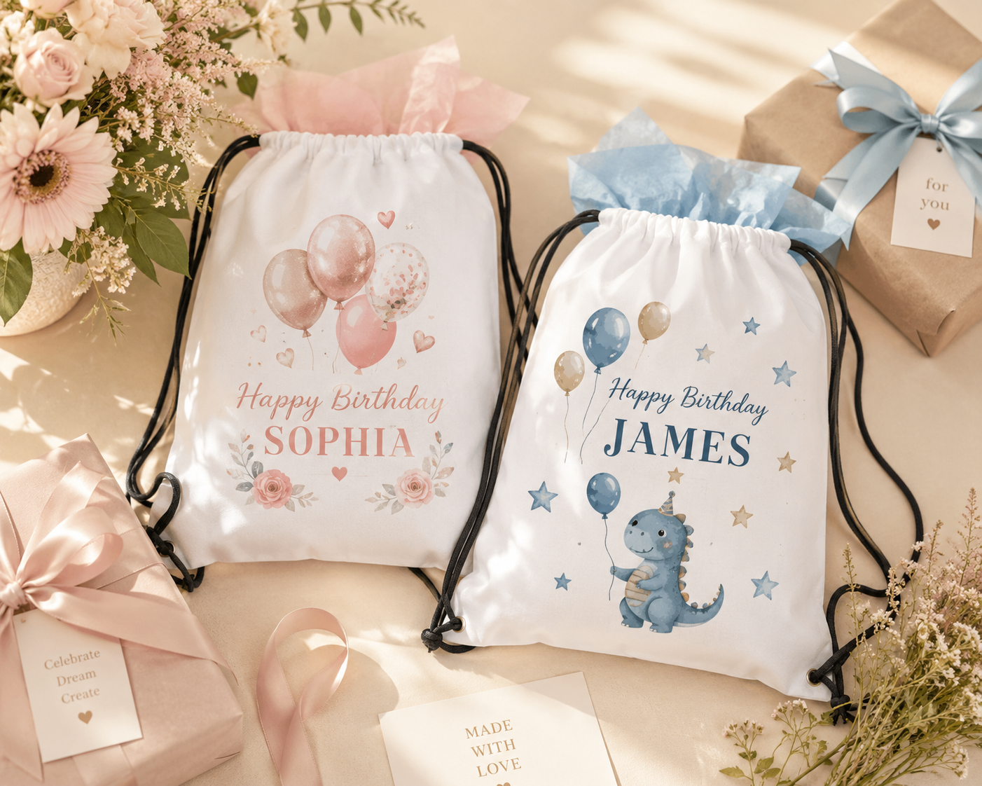 Two personalized drawstring bags with girls' and boys' celebration designs displayed with wrapped gifts, tissue paper, and fresh flowers on a warm neutral background in bright natural light.