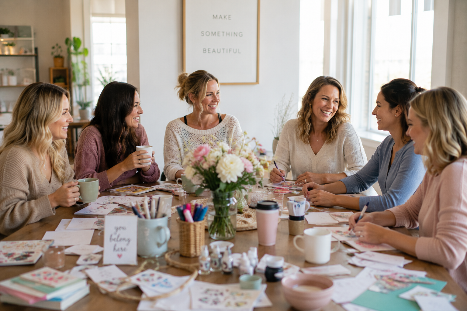 Women enjoying coffee, creativity, and meaningful conversation during a Belivra Ladies' Creative Morning.