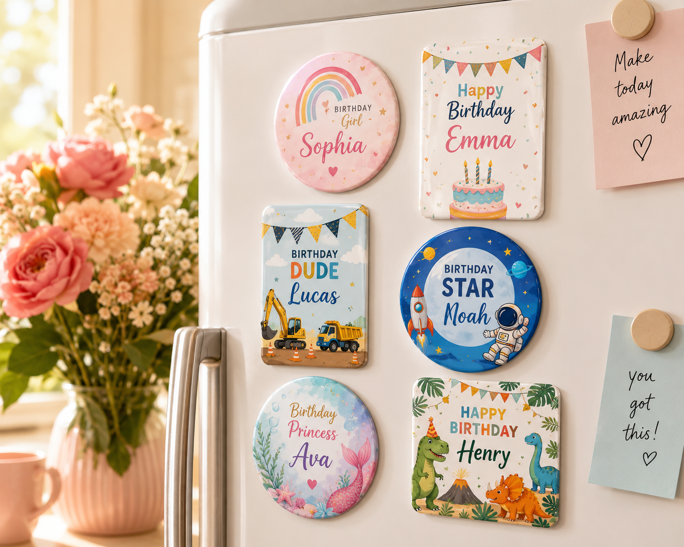 Personalized round and rectangular refrigerator magnets featuring colorful girls' and boys' birthday designs with custom names, displayed on a modern white refrigerator in bright natural morning light.