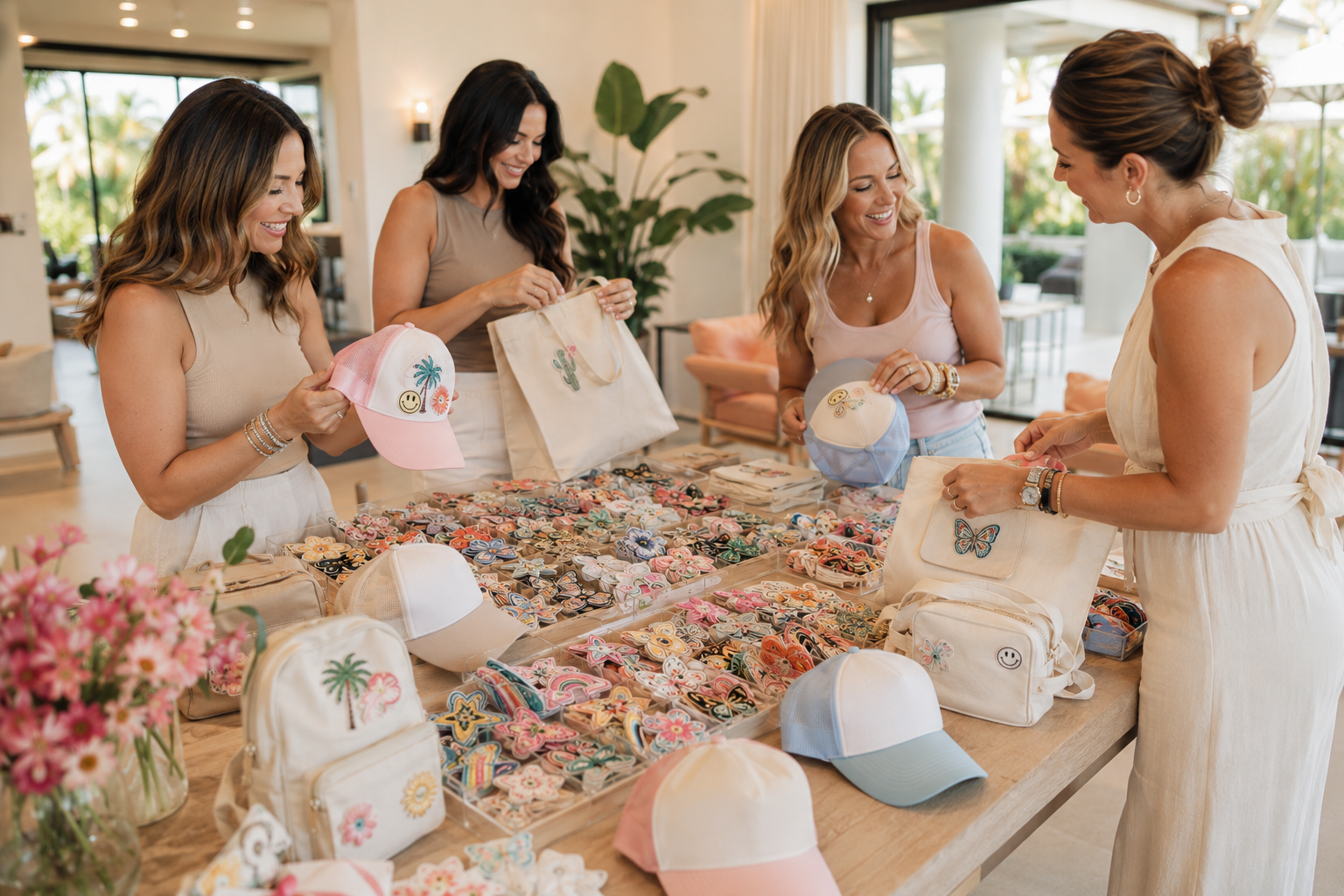 Women choosing colorful embroidered patches to personalize trucker hats, tote bags, pouches, and backpacks at a BELIVRA mobile Patch Bar community experience.