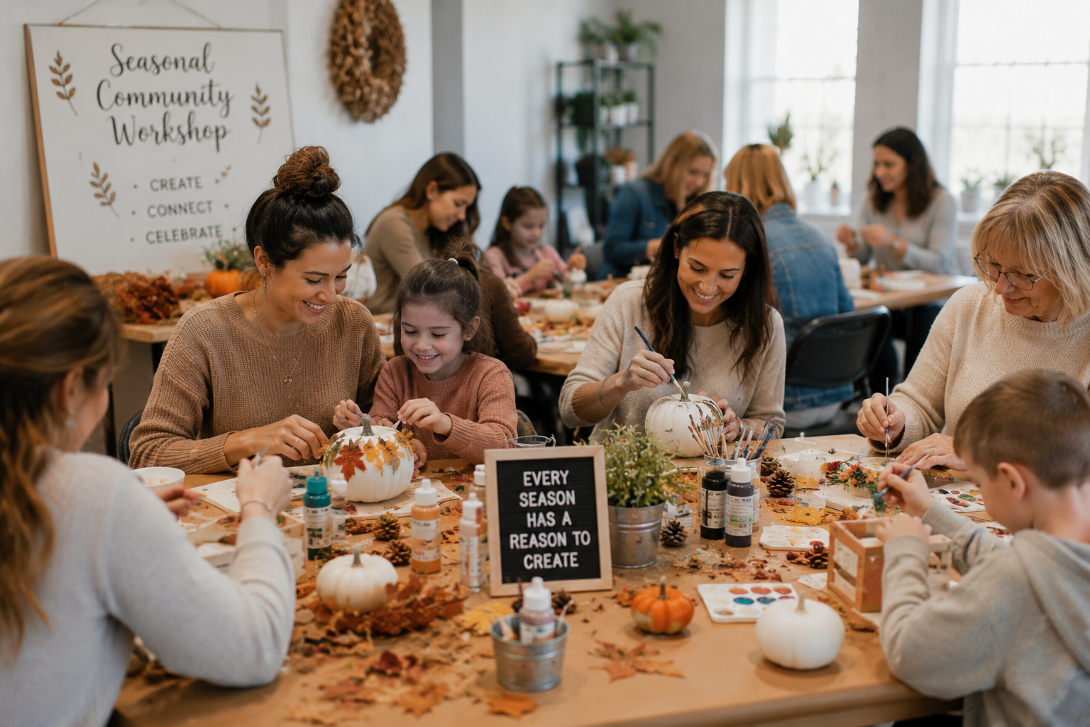 Families and neighbors enjoying a seasonal hands-on creative workshop together during a Belivra community event.