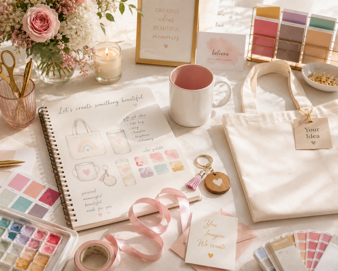 Creative design workspace with sketchbook, watercolor swatches, personalized gift mockups, blank canvas tote bag, ceramic mug, acrylic keychain, ribbon, and fresh flowers in bright natural light, inspiring custom gift design ideas.