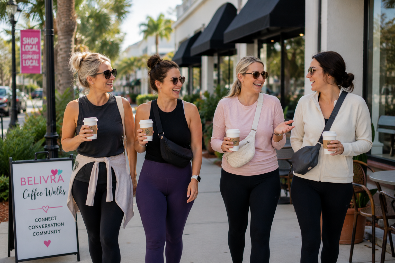 Women walking together with coffee, enjoying meaningful conversations during a BELIVRA Coffee Walk in sunny Florida.