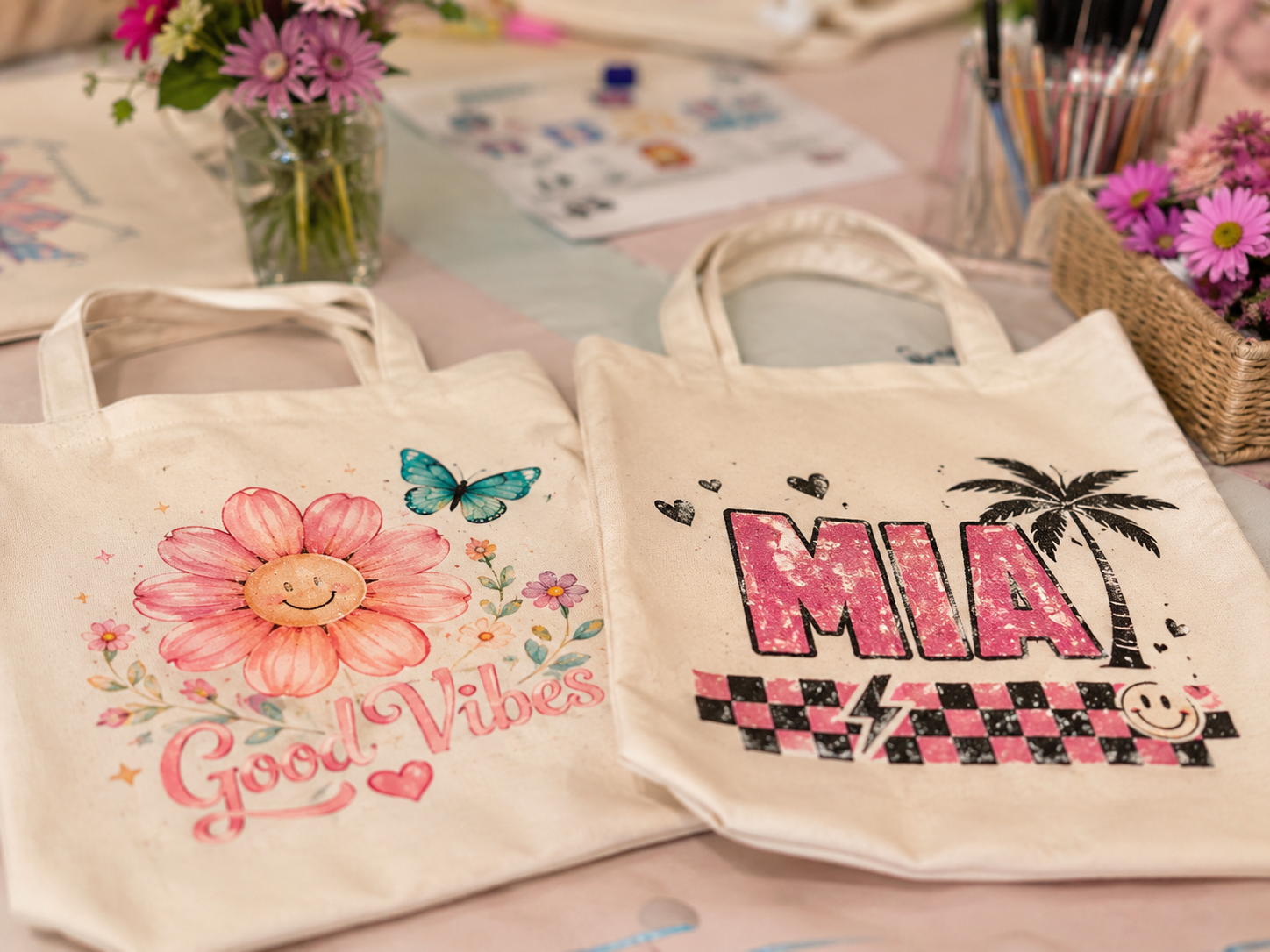 Close-up of personalized tote bags designed by children during a BELIVRA creative workshop using colorful sublimation graphics and custom designs.