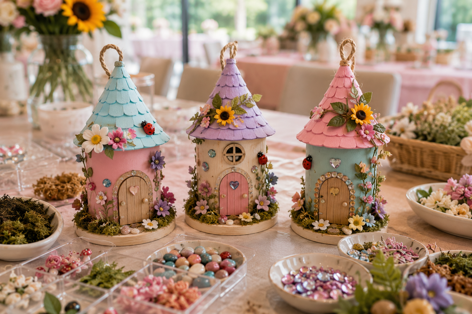 Colorful handmade fairy houses decorated with flowers, moss, gems, stones and tiny embellishments during a BELIVRA Fairy House Creation experience.