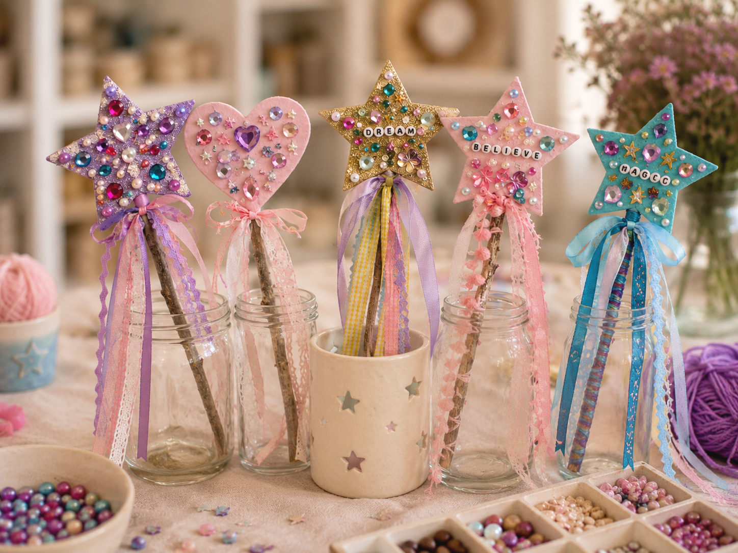 Decorative craft sticks with star and heart shapes, embellished with colorful beads and ribbons, displayed in jars on a table with beads and craft supplies nearby.