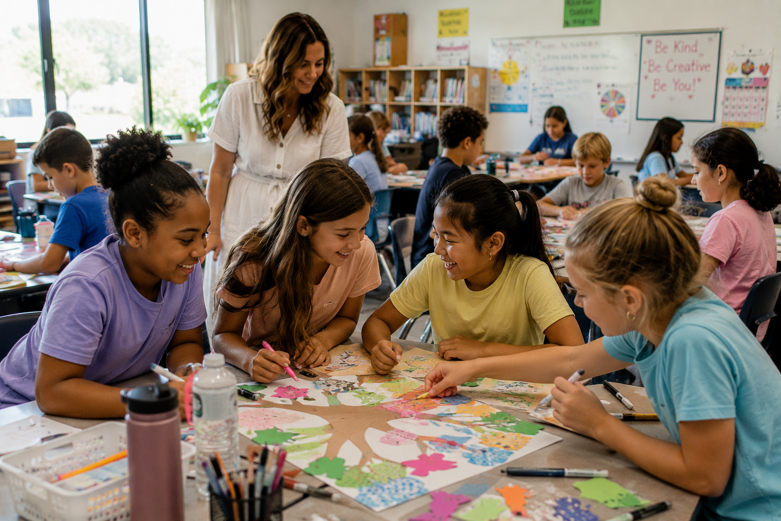 Elementary school students collaborating on a creative project while a teacher encourages teamwork during a BELIVRA after-school enrichment program.