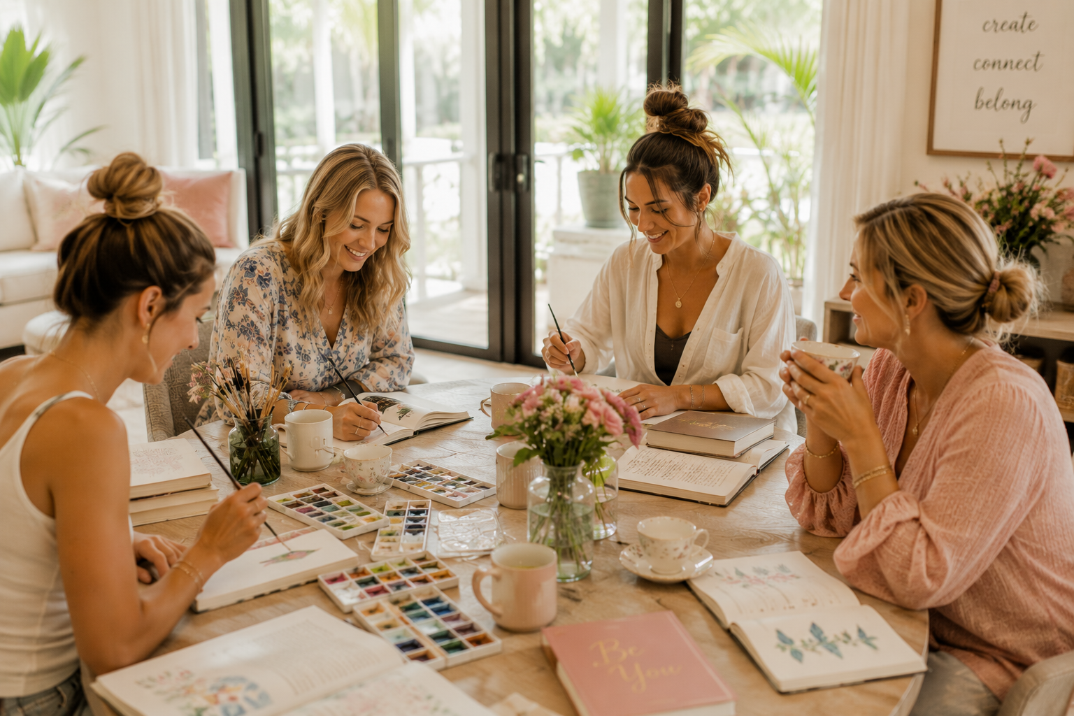 Women of different ages enjoying watercolor painting, journaling, tea, and meaningful conversation during a relaxed BELIVRA creative experience.