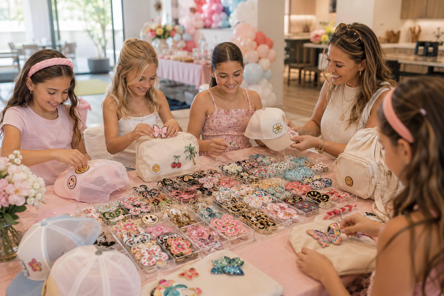 Girls and moms choosing colorful embroidered patches to personalize trucker hats, bags and pouches together at a BELIVRA private Patch Bar celebration.