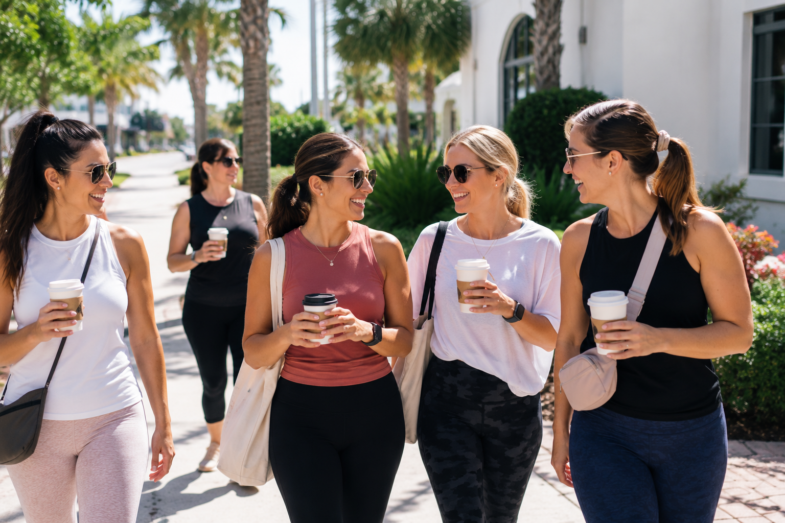 Women laughing and connecting over coffee during a relaxed BELIVRA Community Gathering in Florida.