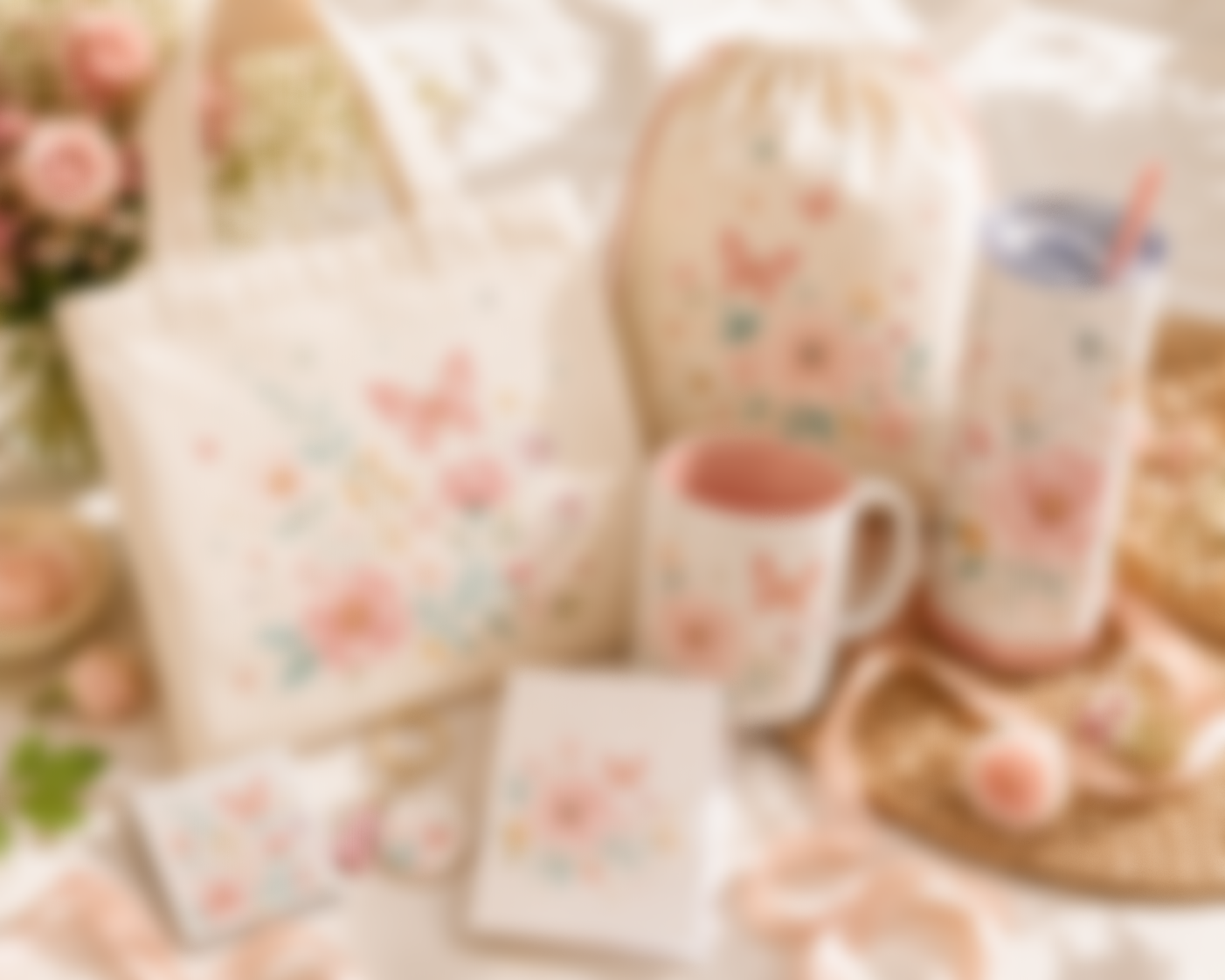 A collection of ceramic mugs, boxes, and a paper bag with a pink butterfly and floral pattern, displayed on a table with decorative items around.