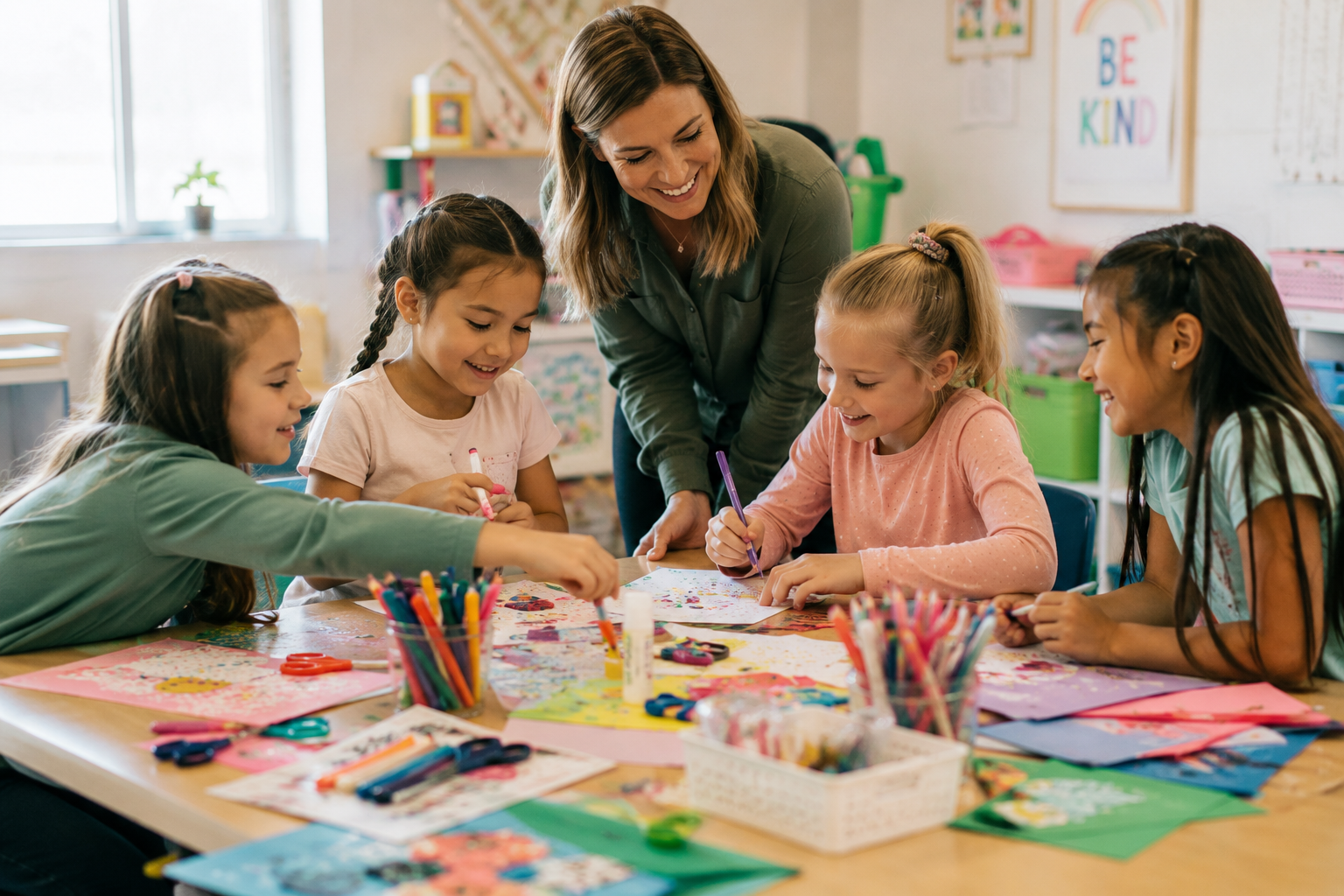 Children collaborating on a creative project with a teacher during a Belivra school enrichment program.