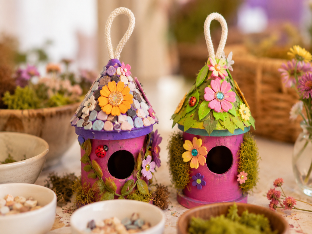 Close-up of handmade fairy houses decorated by children during a BELIVRA creative workshop using moss, flowers, stones, and colorful embellishments.