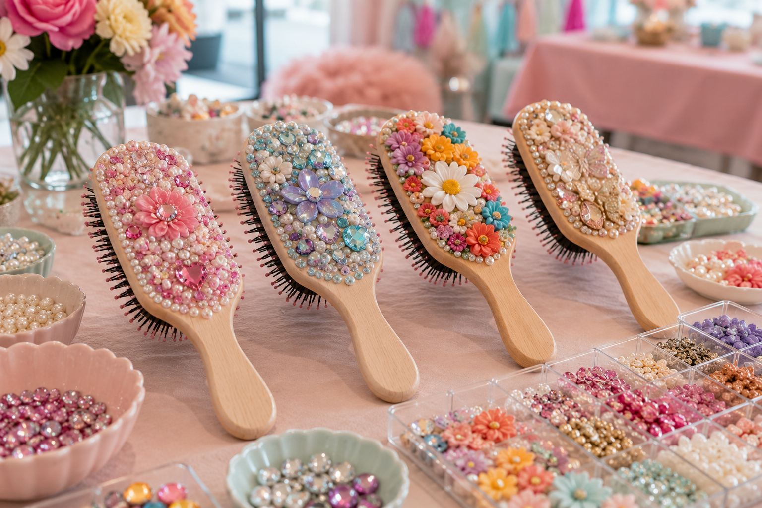 Colorful wooden hairbrushes decorated with pearls, gems, rhinestones and flowers during a BELIVRA Design Your Own Hairbrush creative experience.