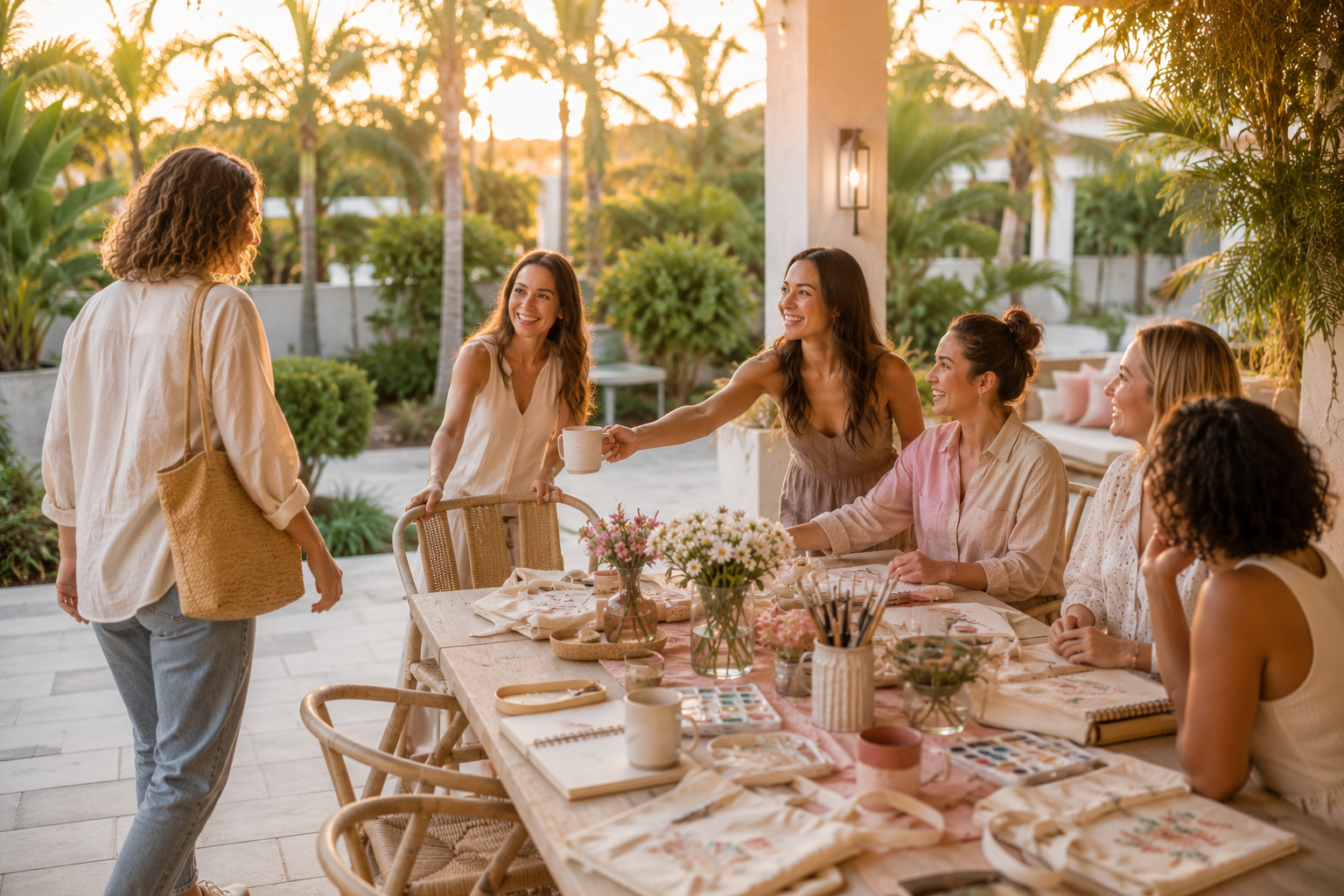 A woman arriving alone at a warm outdoor gathering as one woman pulls out a chair, another offers her coffee, and the group welcomes her into the conversation on a sunlit Florida patio.