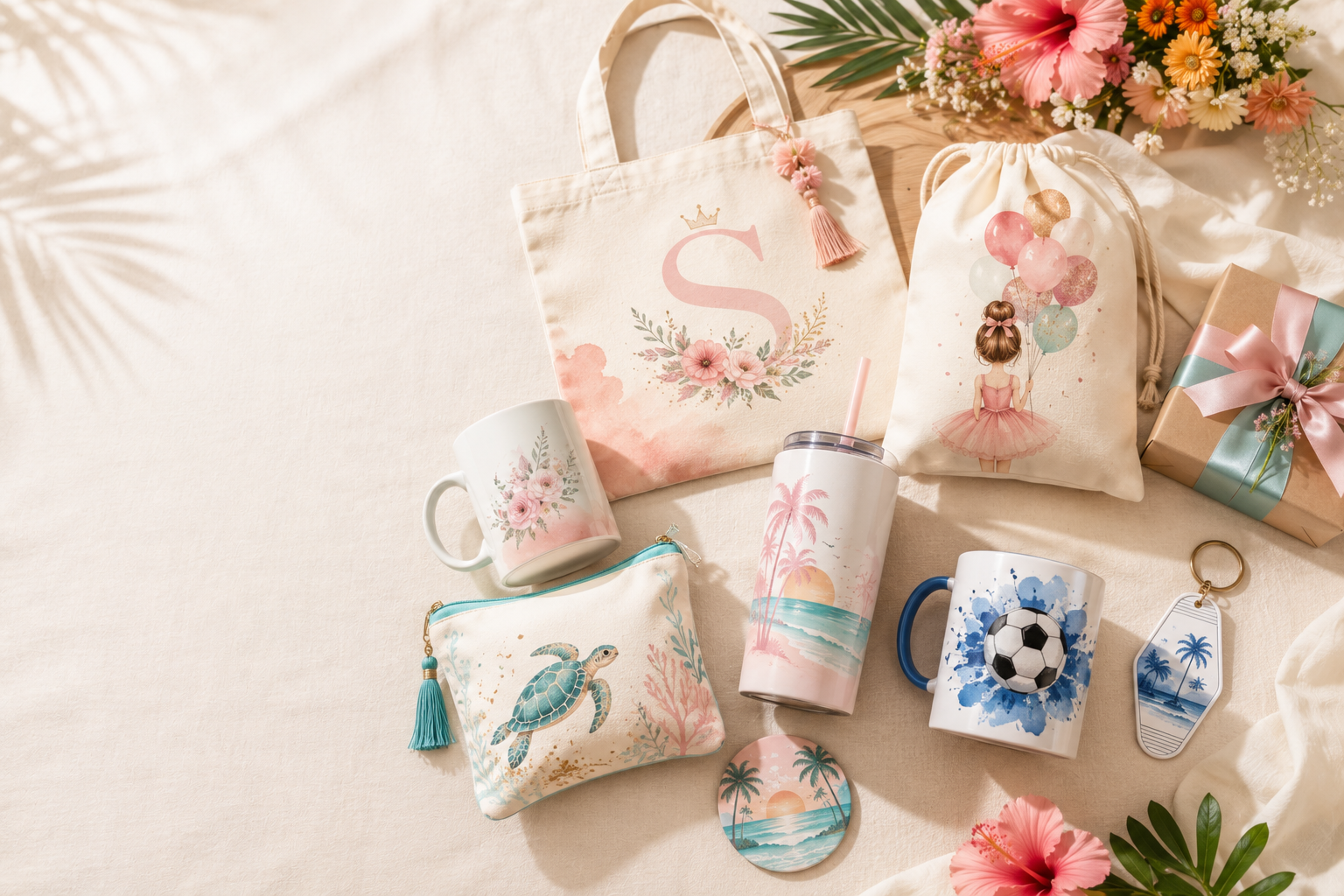 Array of summer-themed items including a tote bag with a pink letter 'S' and floral design, a pouch with a turtle and tassel, two coffee mugs with floral and beach designs, a travel tumbler with a tropical sunset, a cup with a soccer ball design, a small gift box with pink ribbon, a drawstring bag with a girl holding balloons, a keychain with palm trees, and a bouquet of pink, orange, and white flowers on a cream background.
