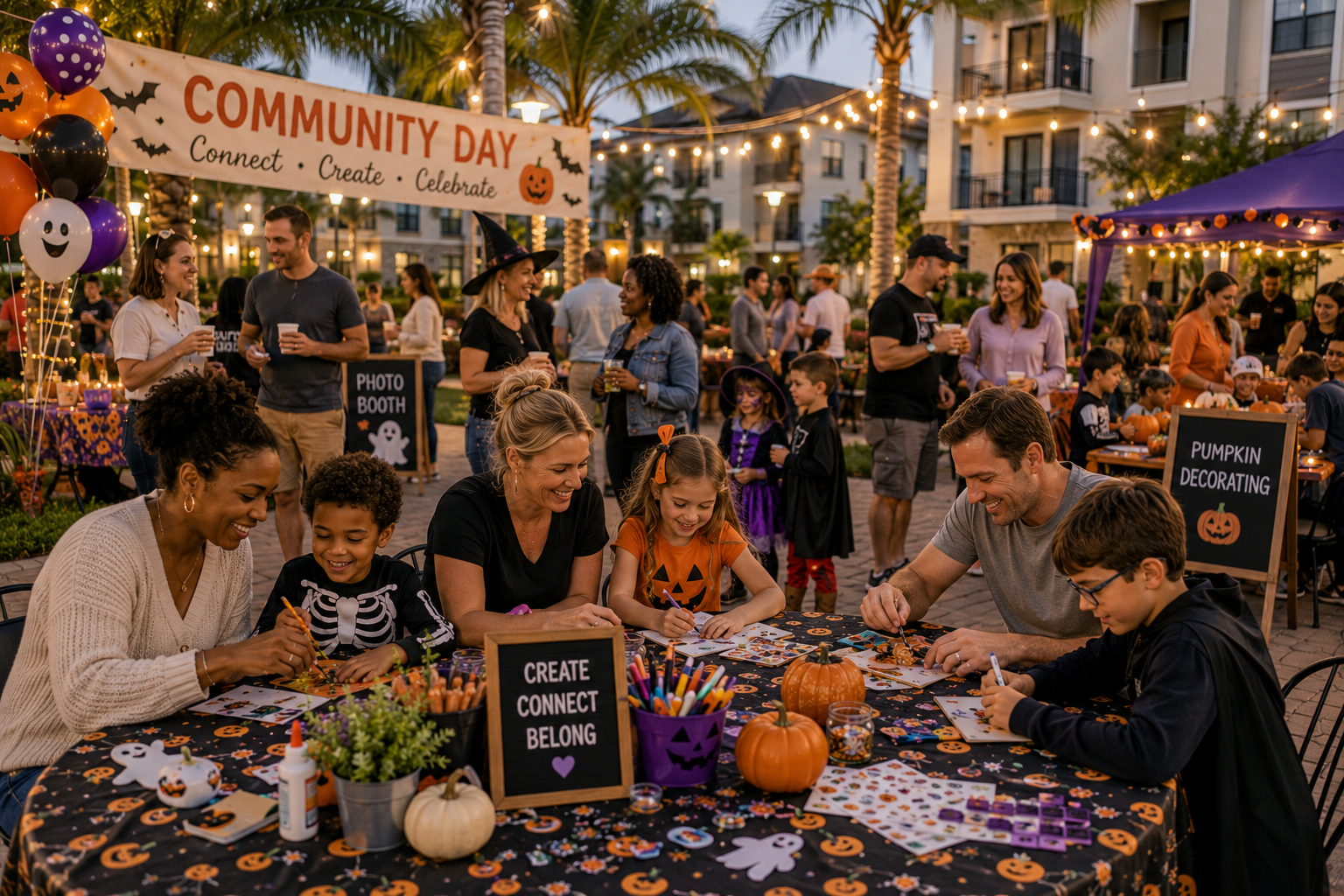 Residents and families of all ages enjoying creative Halloween activities, conversation, and community during a BELIVRA neighborhood celebration in a Florida apartment community.