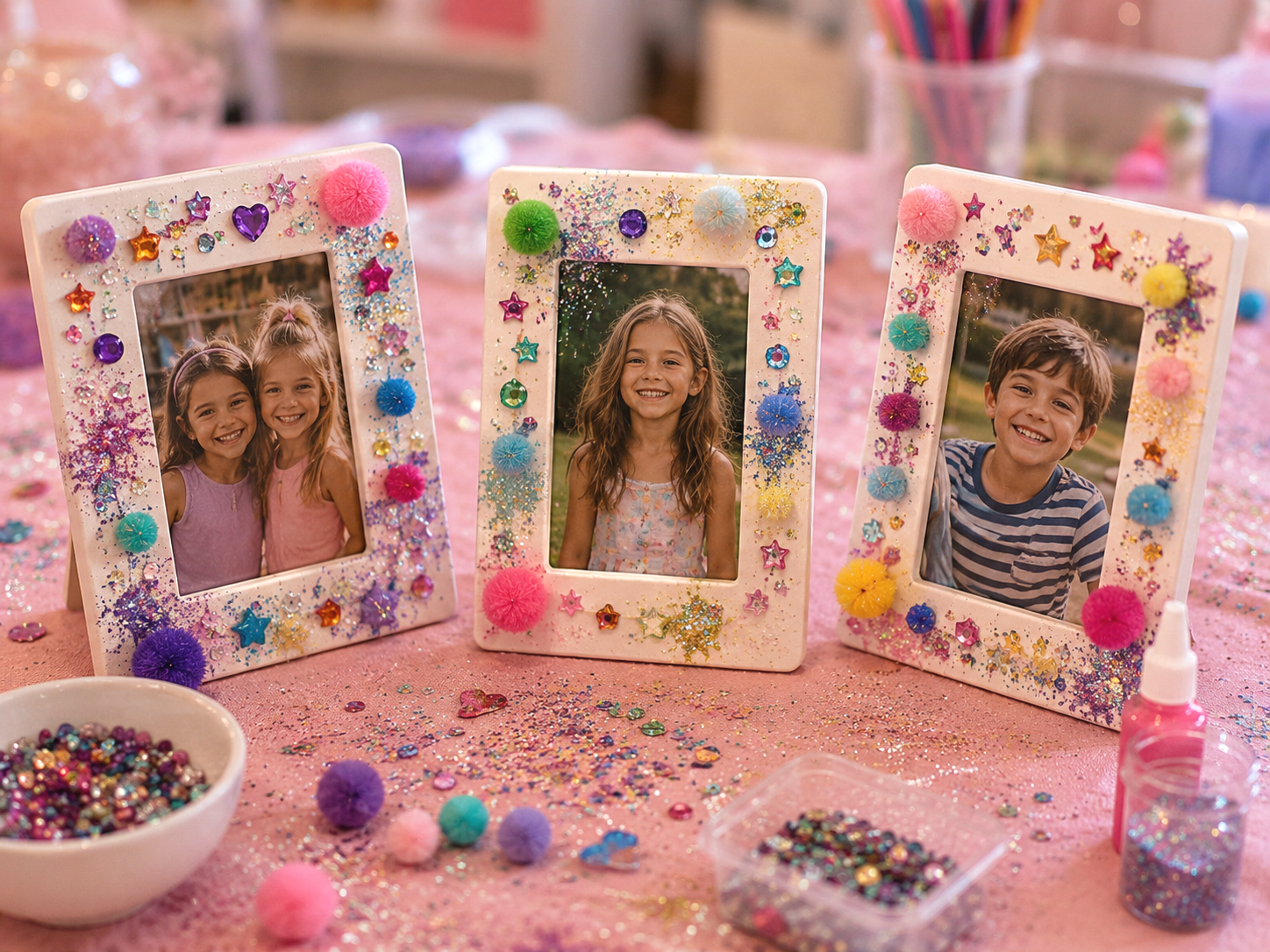 Decorative picture frames with photos of children, adorned with colorful pom-poms, stars, and glitter, on a pink glittery table with craft supplies.