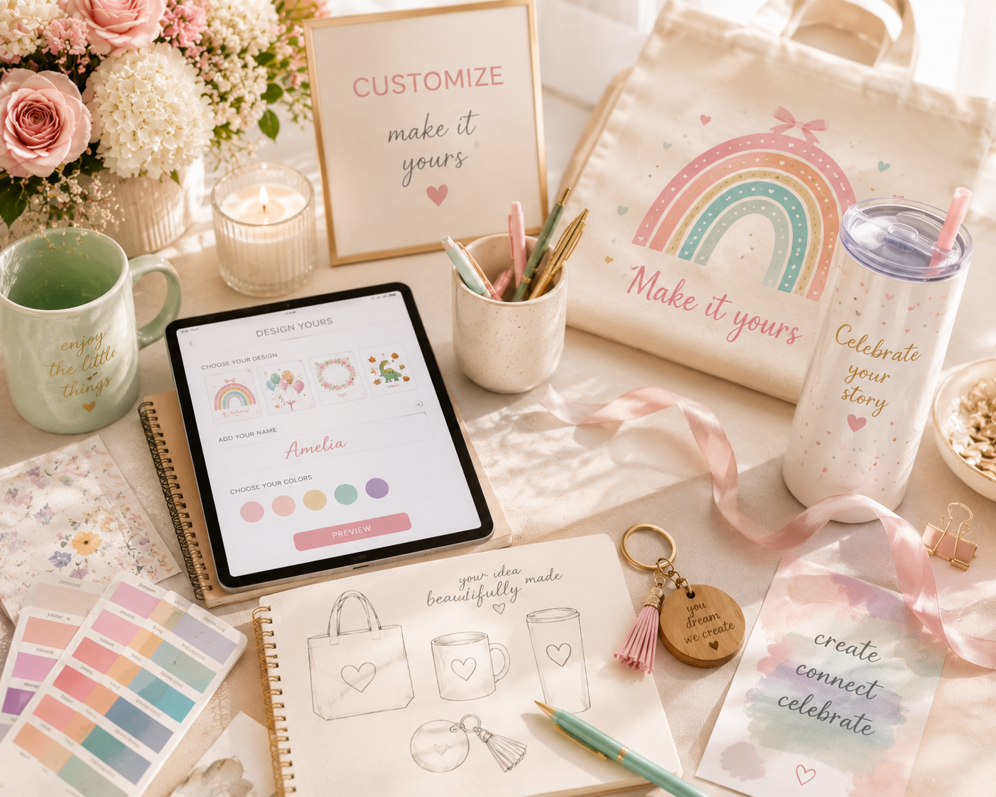 Creative workspace with personalized gift mockups, digital design tablet, color palette samples, sketchbook, and custom tote bag, inspiring the personalized gift design process in a bright boutique studio.