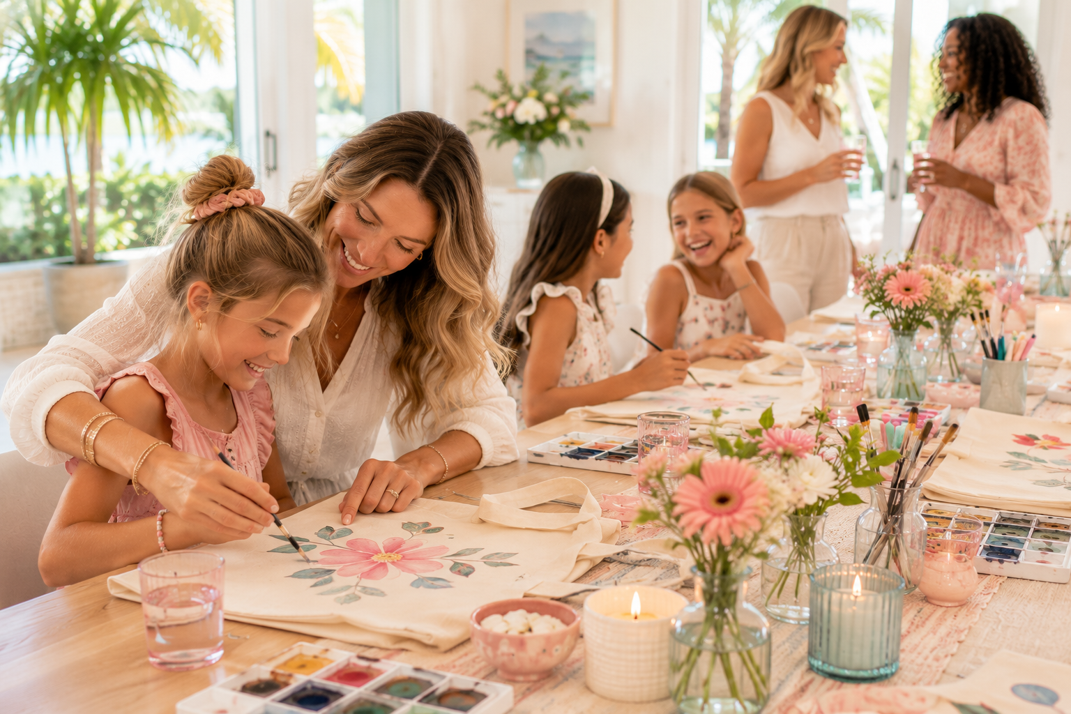 Mother helping her daughter paint a watercolor design while friends laugh and create together during a beautifully styled BELIVRA private celebration in a bright Florida home.