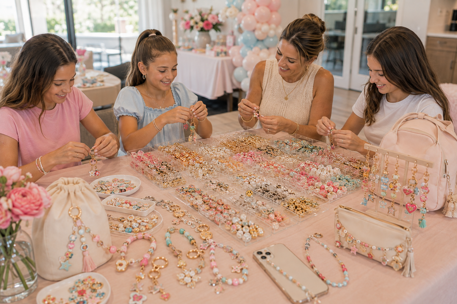 Girls, teens and moms creating personalized keychains, bag charms, phone charms and wristlets together at a BELIVRA private Charm Bar celebration.