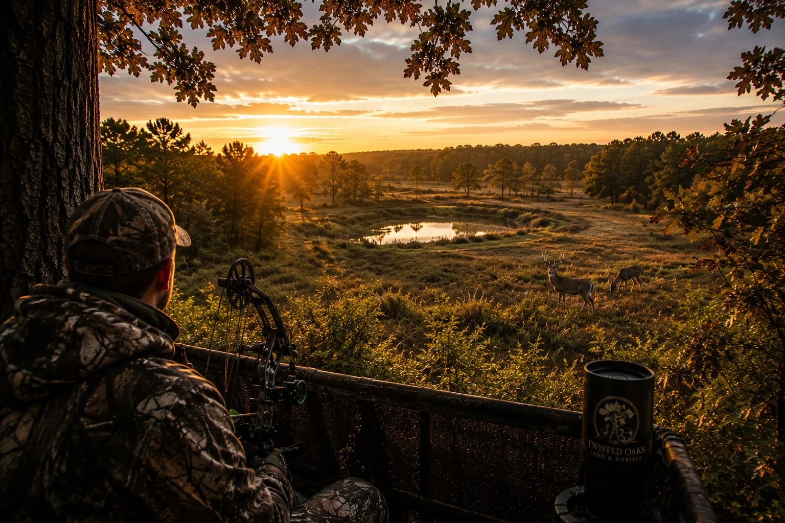 A hunter sitting in a tree stand at sunrise, observing two deer in a field near a pond, surrounded by trees and nature.