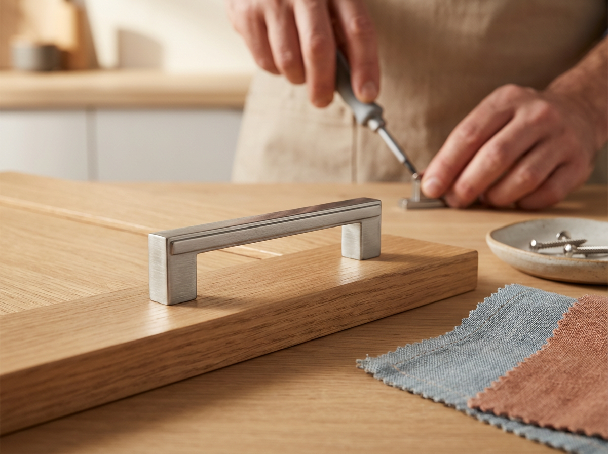 A person using a screwdriver to assemble a wooden piece; focus on the silver handle and wood surface, with fabric swatches and a small dish with screws nearby.