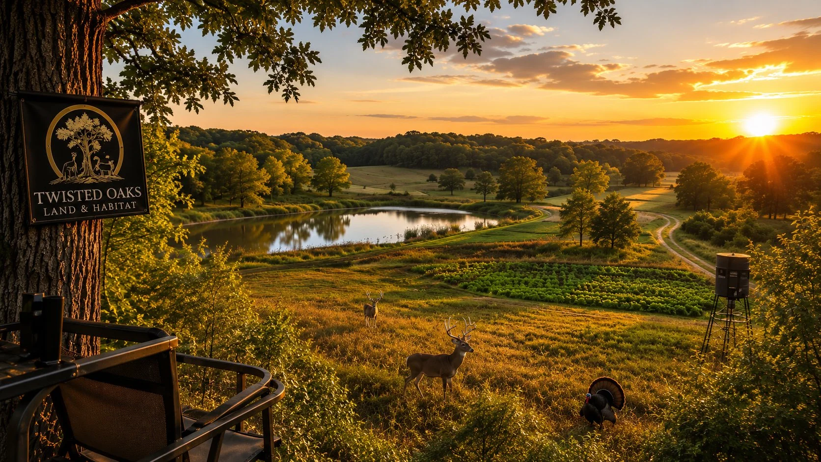 A scenic landscape at sunset with a large pond, rolling green hills, and trees. In the foreground, there are two deer and a turkey among tall grass. A sign on a tree reads "Twisted Oaks Land & Habitat." Patio furniture and a speaker are visible in the lower left corner.