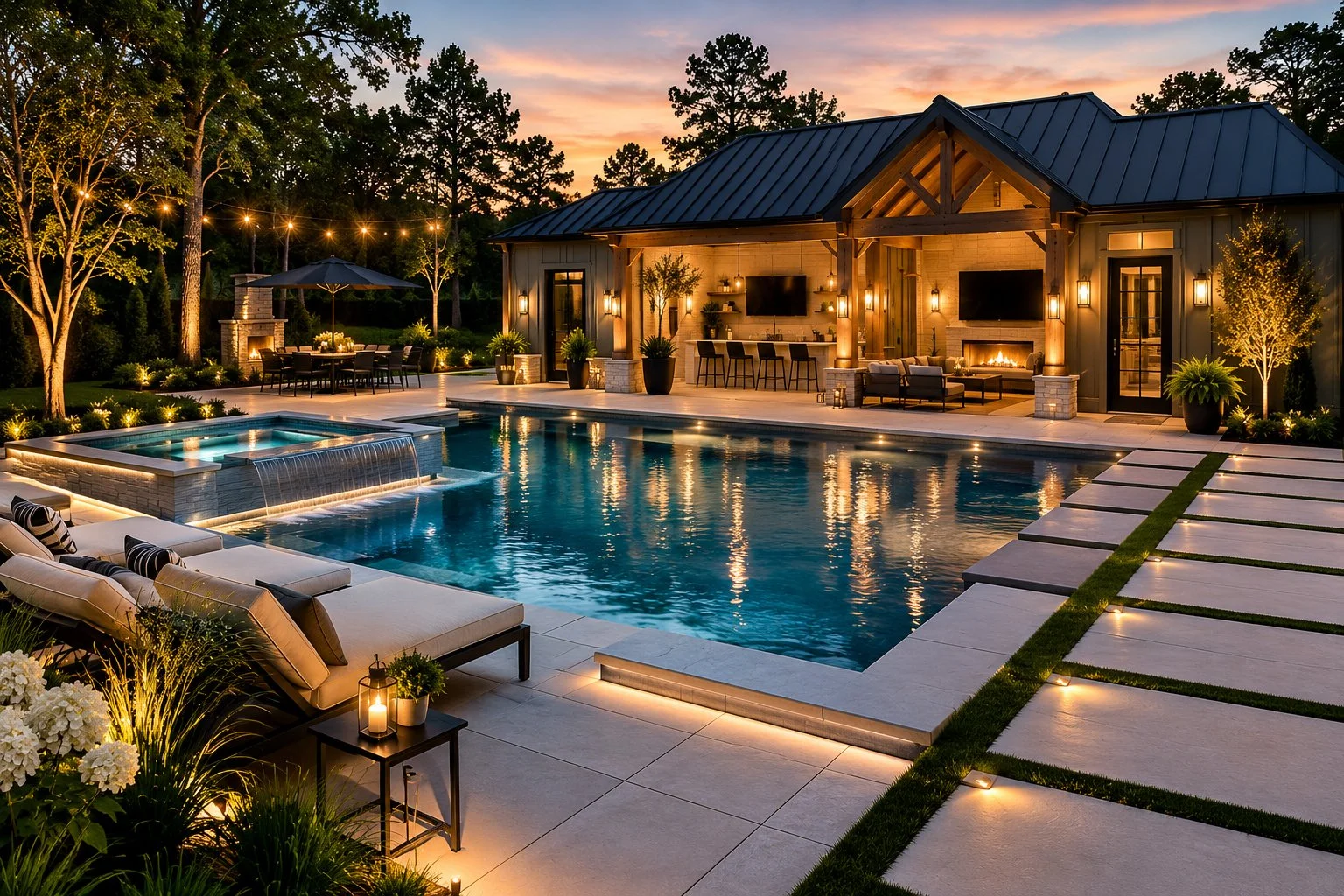 Luxury backyard with a swimming pool, hot tub, and outdoor seating area illuminated by warm lighting during sunset.