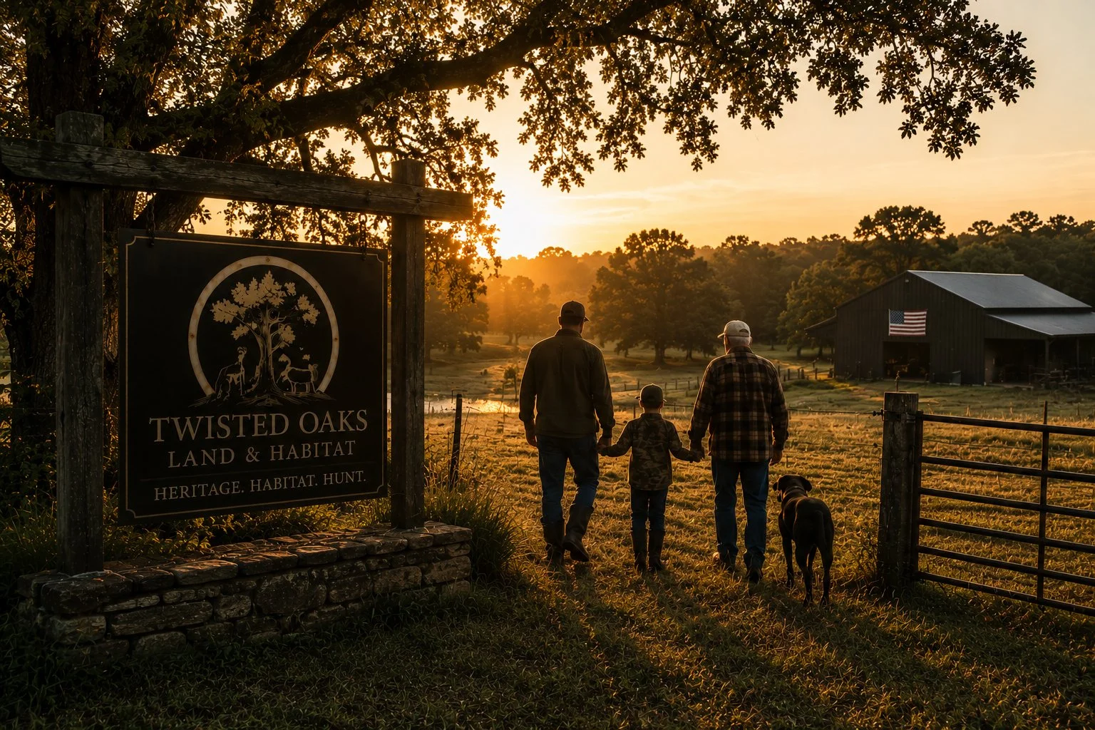 A family of three walking with their dog into a farm at sunset, near a sign that reads 'Twisted Oaks Land & Habitat' with trees and a barn in the background.