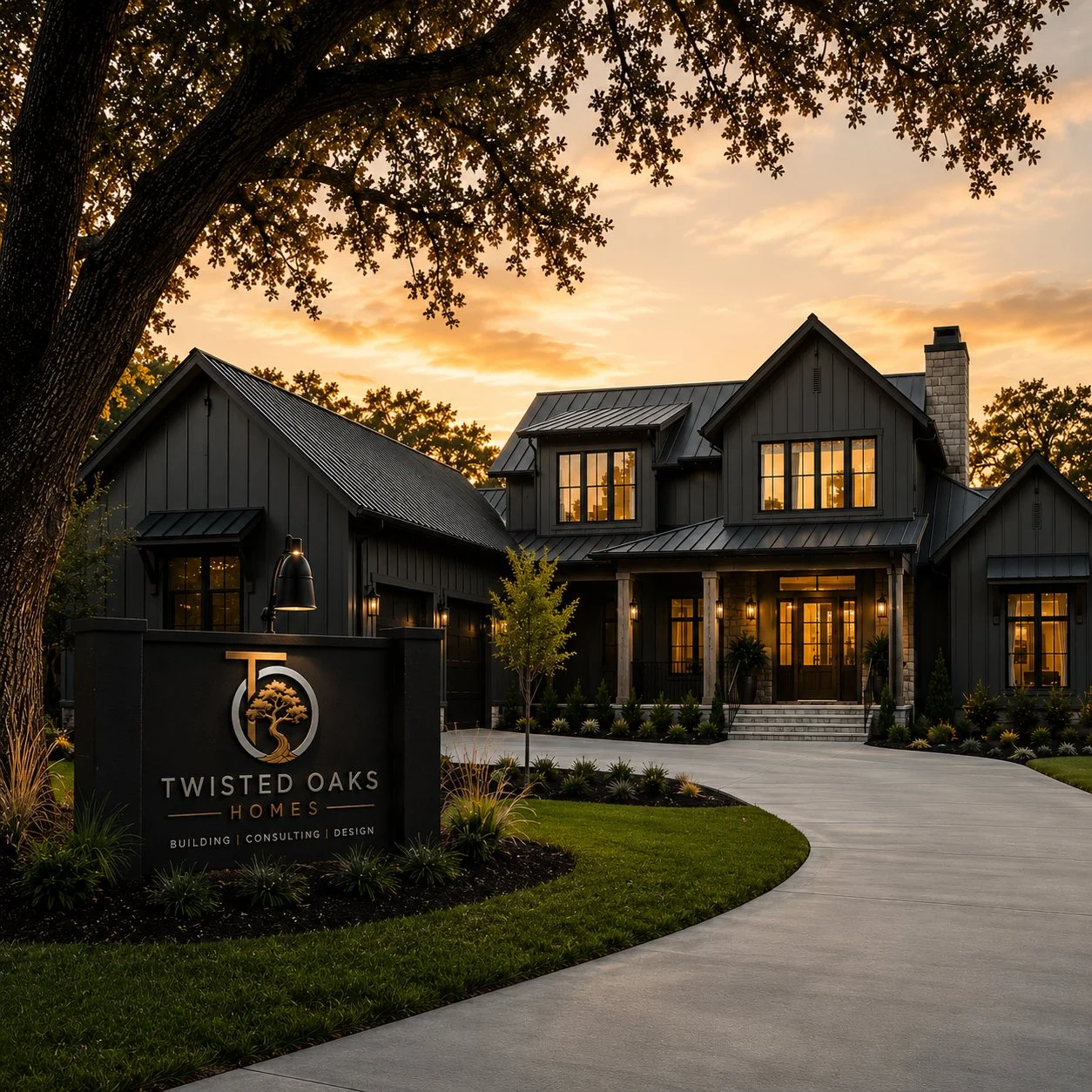 A modern black house with large windows illuminated from inside, surrounded by a well-maintained garden and a curved walkway, at sunset with a large tree in the foreground.