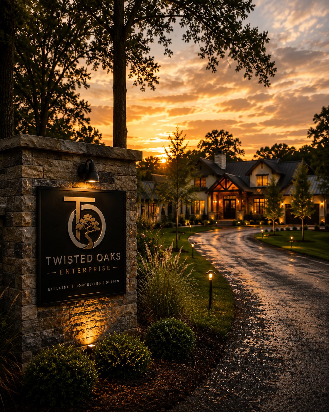 A stone sign with a logo and the text "Twisted Oaks Enterprise" near a winding driveway leading to a large house illuminated at sunset, surrounded by trees and landscaped gardens.