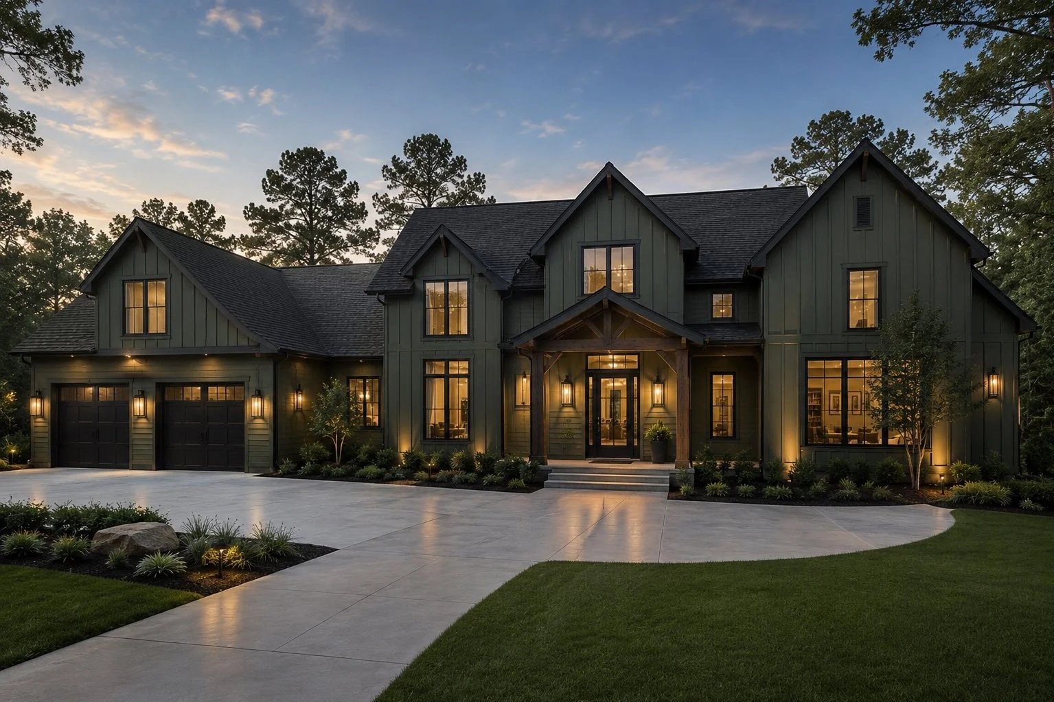 Large modern house with black garage doors, tall windows, and exterior lighting, surrounded by greenery at dusk.